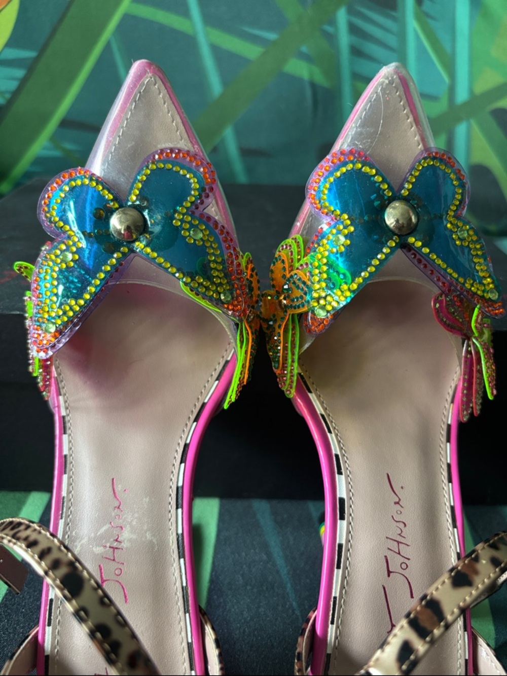 Betsey Johnson Leopard Print Strappy Heels with Rainbow Stripe Heel - Picture 10 of 15